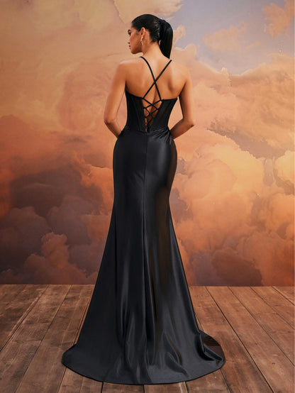 Black Spaghetti Strap Corset Satin Mermaid Formal Dress, High Slit Prom Evening Gown