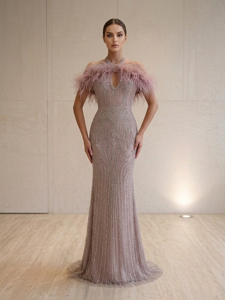 Mauve Halter Off-The-Shoulder Feather Beaded Mermaid Formal Evening Dress