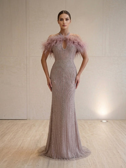 Mauve Halter Off-The-Shoulder Feather Beaded Mermaid Formal Evening Dress