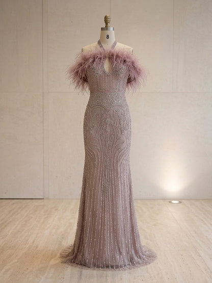 Mauve Halter Off-The-Shoulder Feather Beaded Mermaid Formal Evening Dress