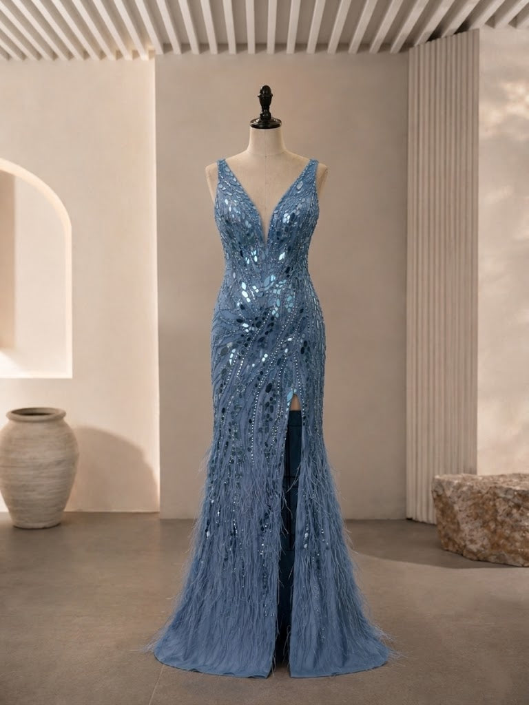 Dusty Blue Deep V Sleeveless Sequin Feather Mermaid Prom Dress With Slit