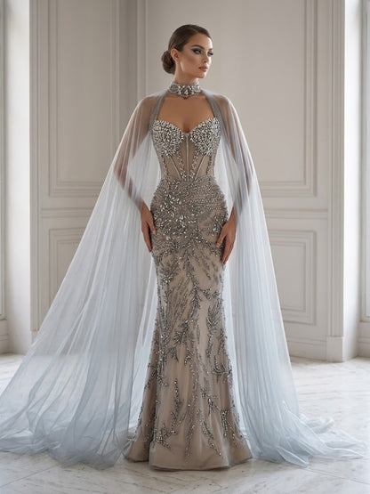 Nude Silver Sweetheart Beaded Mermaid Evening Dress With Sheer Tulle Cape