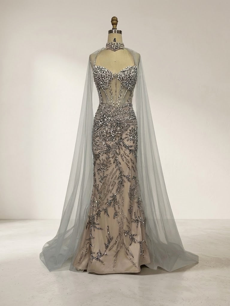 Nude Silver Sweetheart Beaded Mermaid Evening Dress With Sheer Tulle Cape