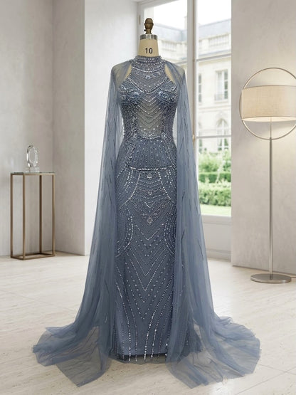 Slate Blue High Neck Fully Beaded Mermaid Formal Dress With Sheer Tulle Cape