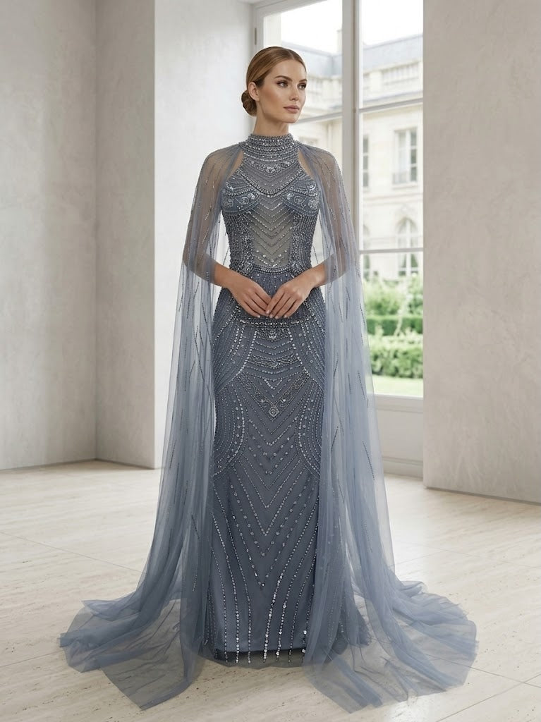 Slate Blue High Neck Fully Beaded Mermaid Formal Dress With Sheer Tulle Cape