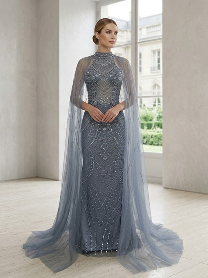 Slate Blue High Neck Fully Beaded Mermaid Formal Dress With Sheer Tulle Cape