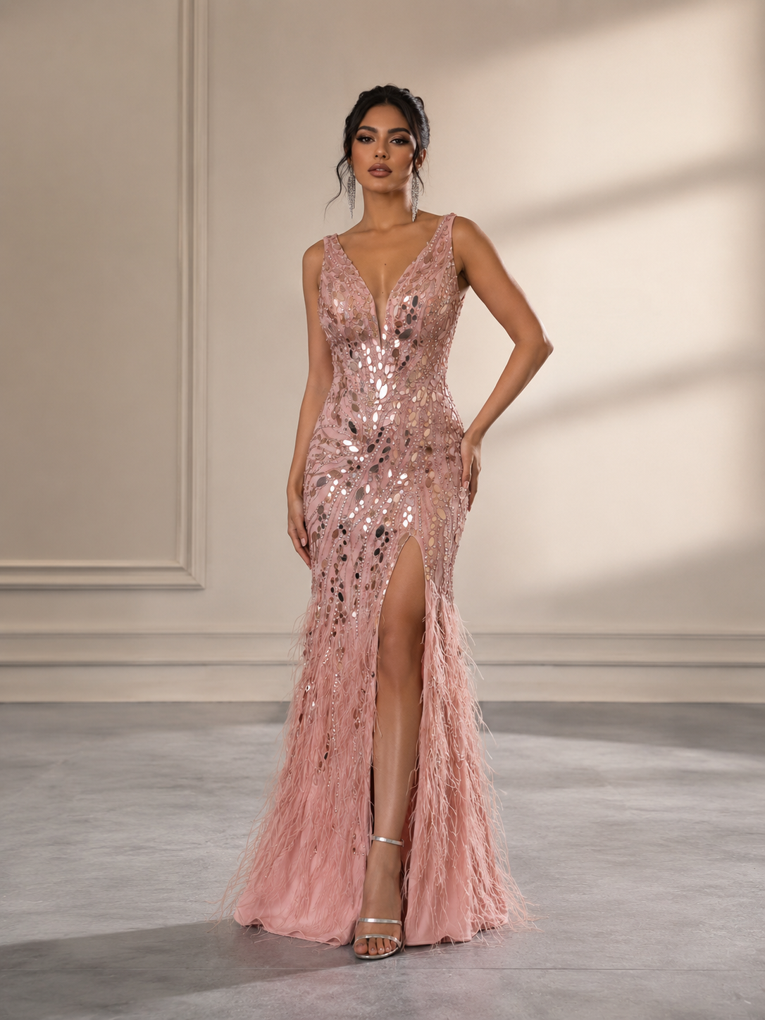 Dusty Pink Deep V Beaded Feather Mermaid Prom Dress With High Slit