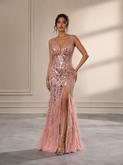 Dusty Pink Deep V Beaded Feather Mermaid Prom Dress With High Slit