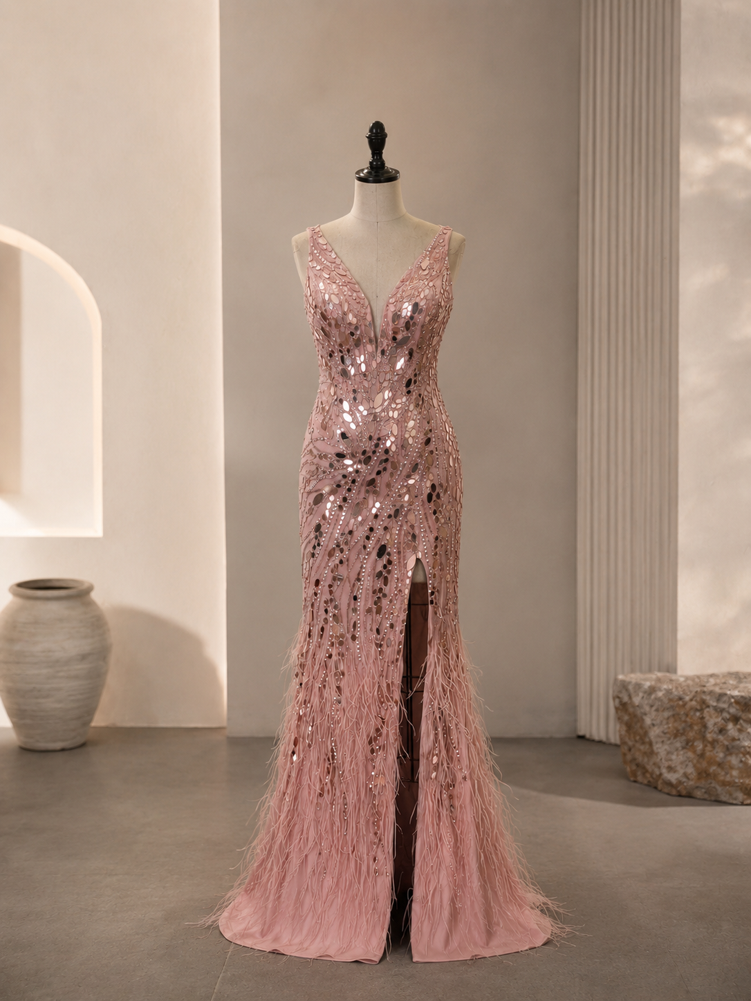 Dusty Pink Deep V Beaded Feather Mermaid Prom Dress With High Slit