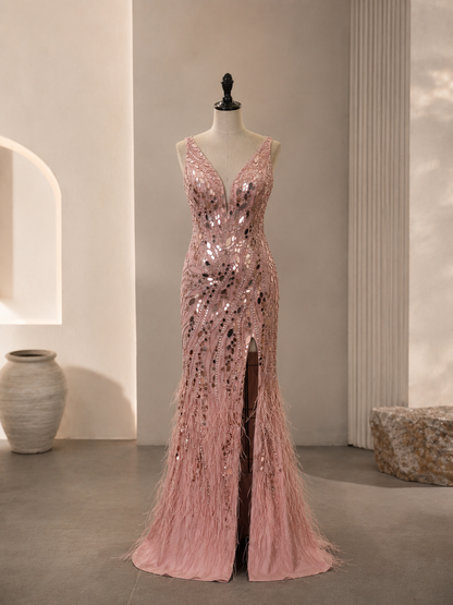 Dusty Pink Deep V Beaded Feather Mermaid Prom Dress With High Slit