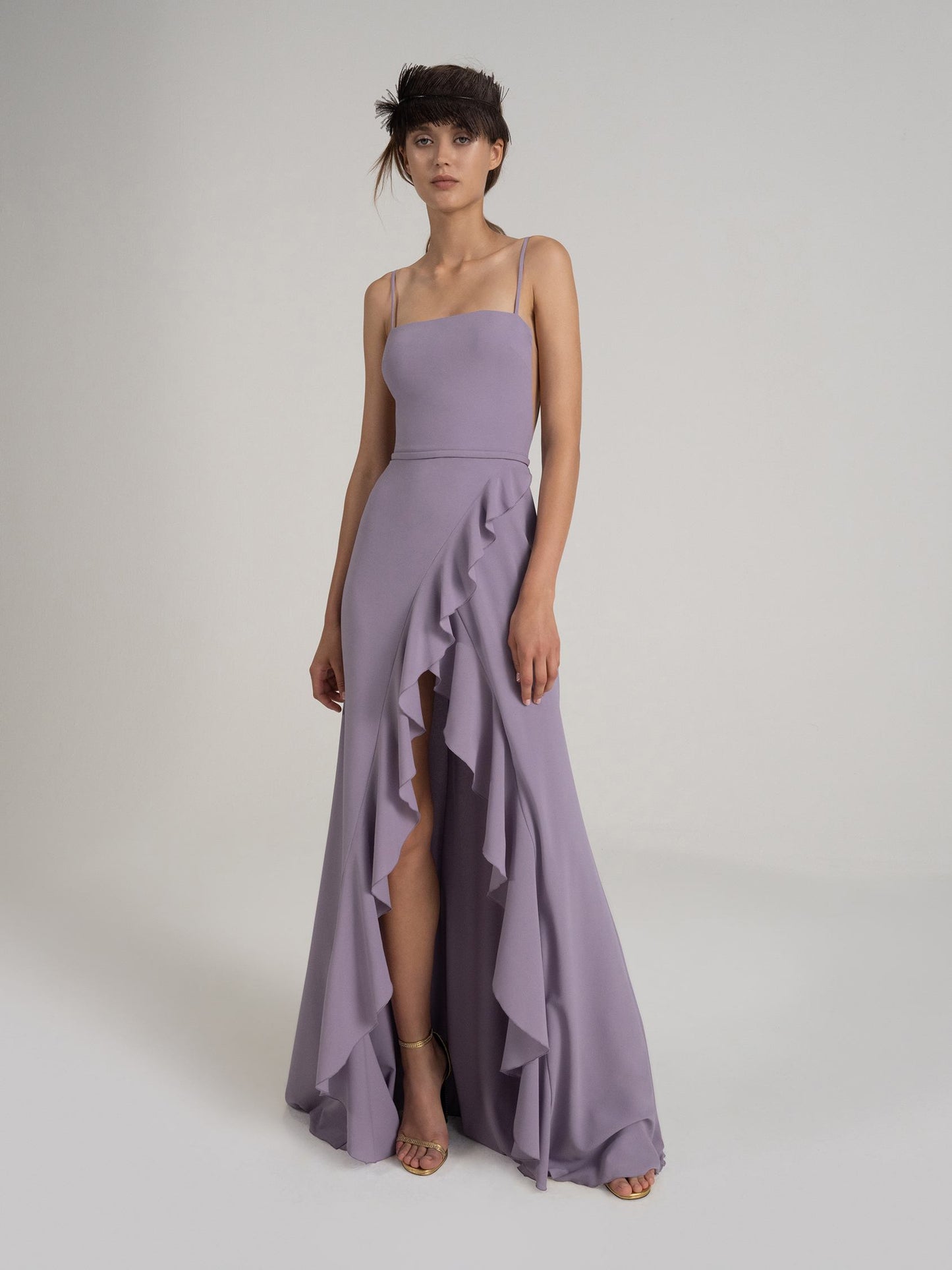 High-slit sling bridesmaid dress with ruffles