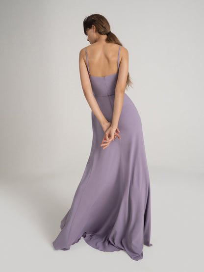 High-slit sling bridesmaid dress with ruffles